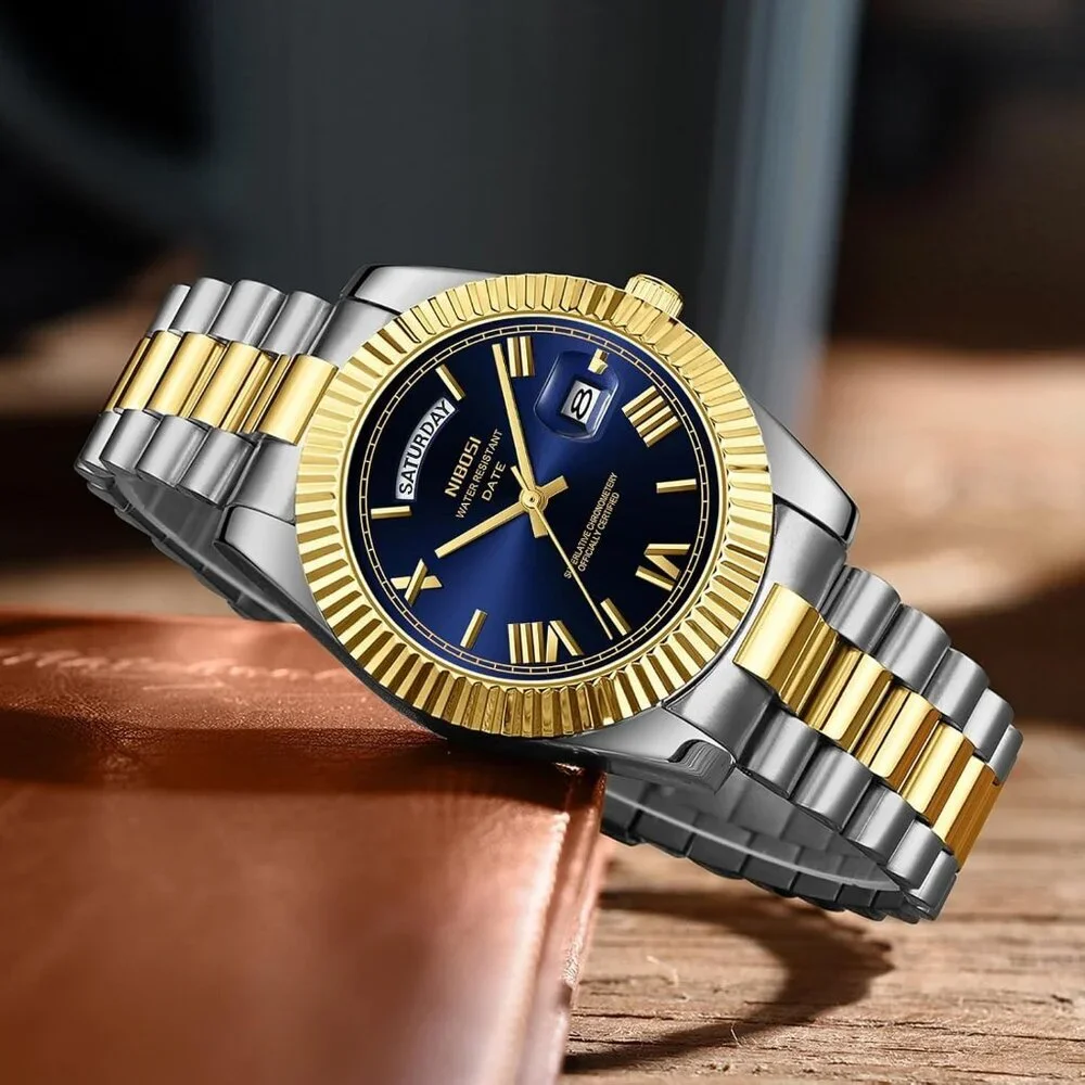 Men's Gold Silver Blue Stain Steel Analog Classic Design Stylish Wrist Watch